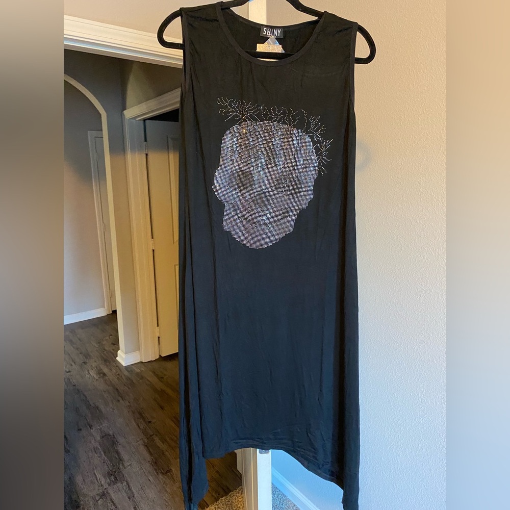 SHINY Black Dress with Rhinestone Skull Design